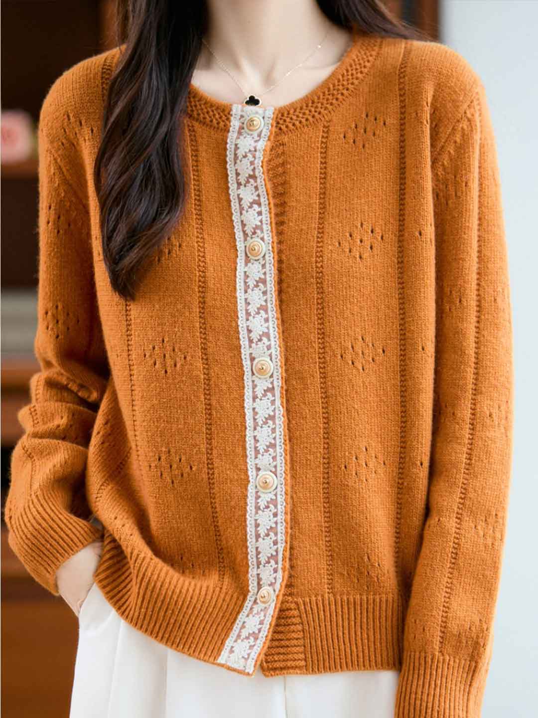 Julia Loose Crew Neck Solid Color Lace Knitted Cardigan-Orange