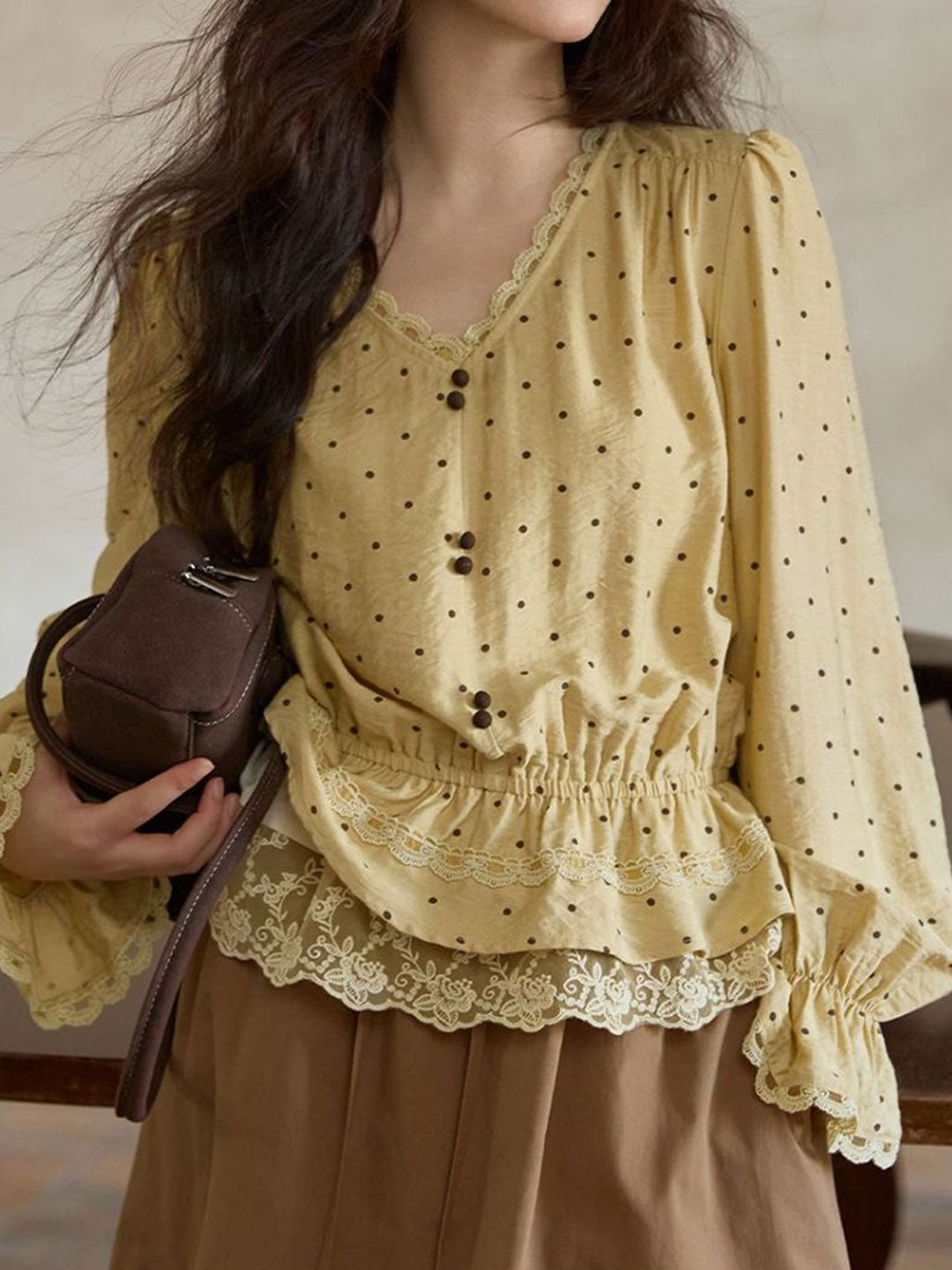 Mia Casual V-neck Lace Polka Dot Blouse