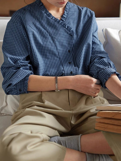 Madison Vintage V-Neck Ruffle Plaid Shirt