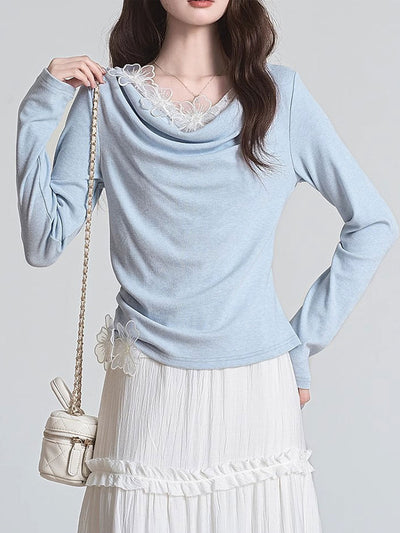 Julia Slim Swing Collar Dimensional Flower Patchwork Top