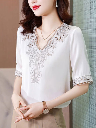 Maya Classic V-Neck Embroidered Satin Shirt