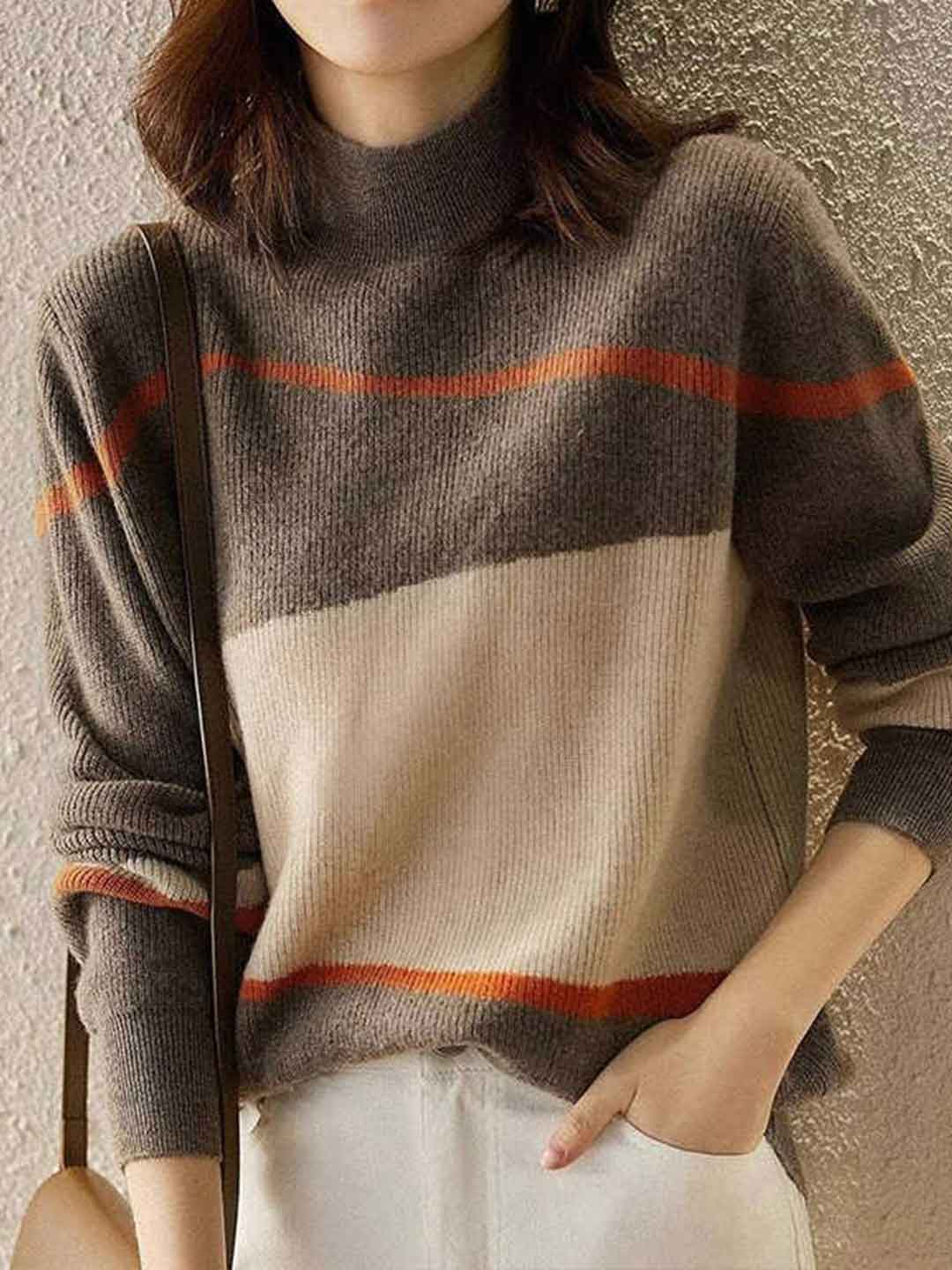 Maria Loose Turtleneck Color-Block Knitted Sweater