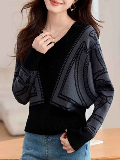 Kaitlyn Loose V-Neck Bat Sleeve Knitted Top