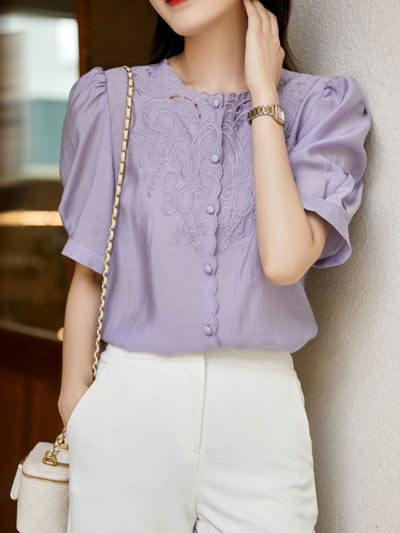 Jocelyn Elegant Embroidered Lantern Sleeve Shirt-Purple