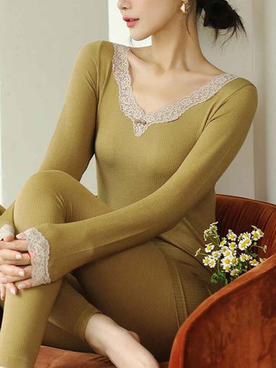 2pcs Women'S Lace V-Neck Tight Base Underwear Set