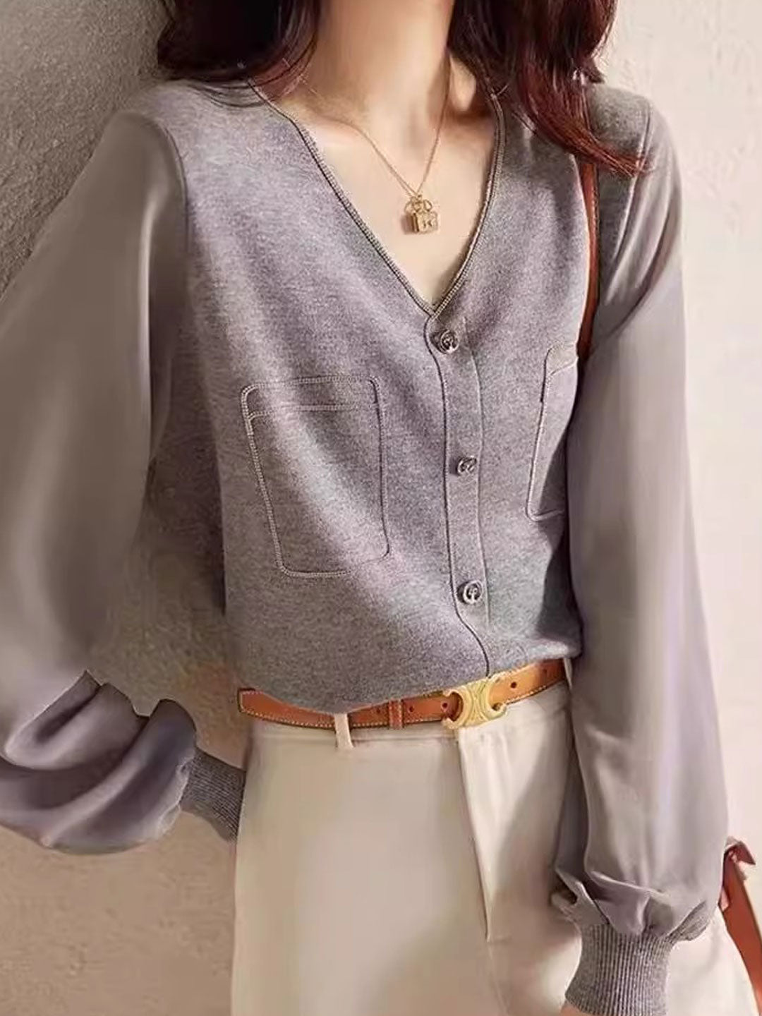 Olivia Loose V-Neck Lantern Sleeve Knitted Top