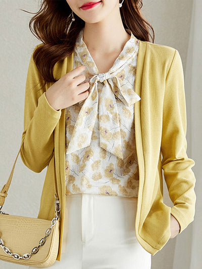 Taylor V-Neck Streamer Printed Splicing Top-Yellow