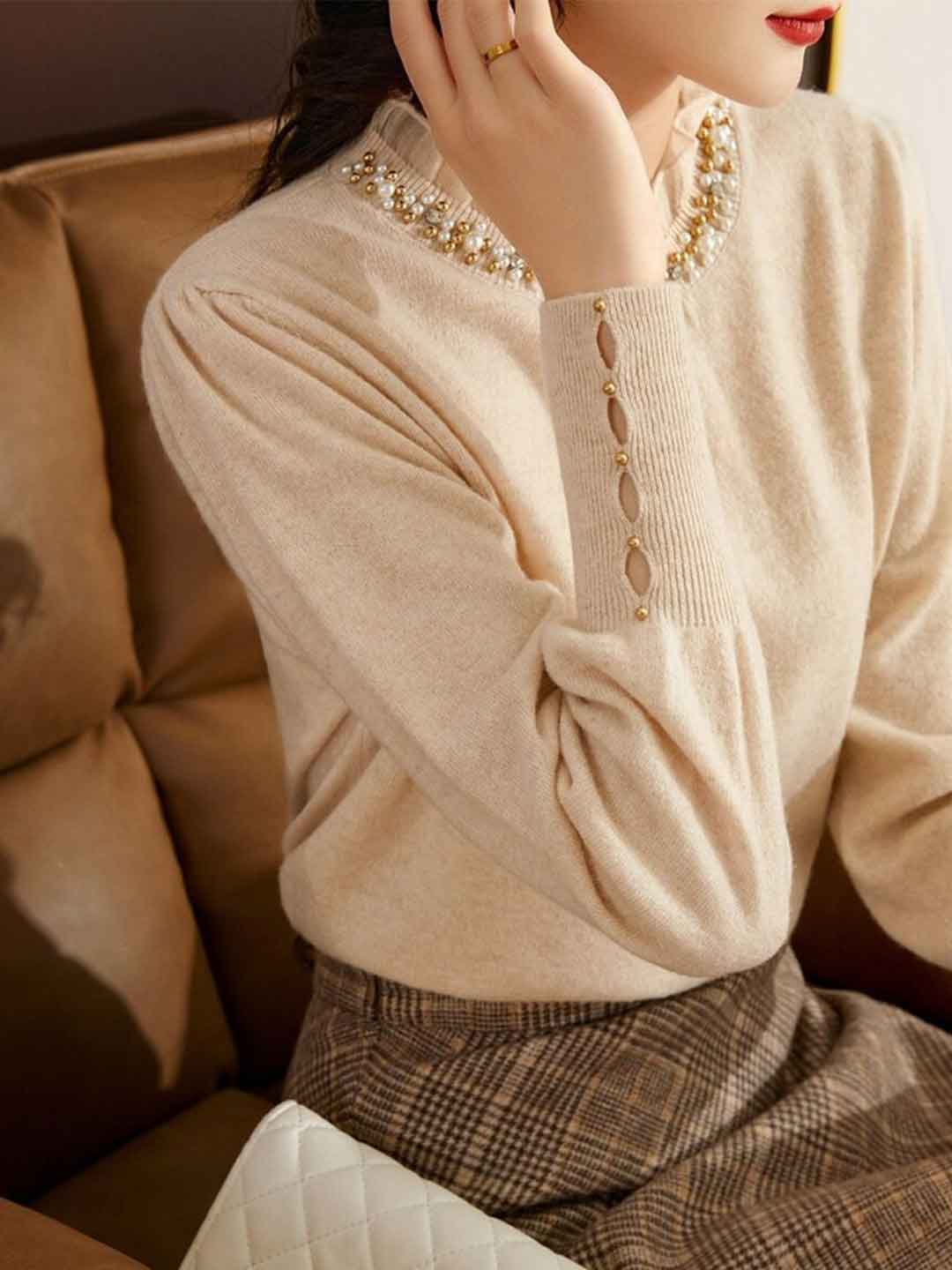 Raya Chic Auricular Collar Lace Beaded Knitted Top