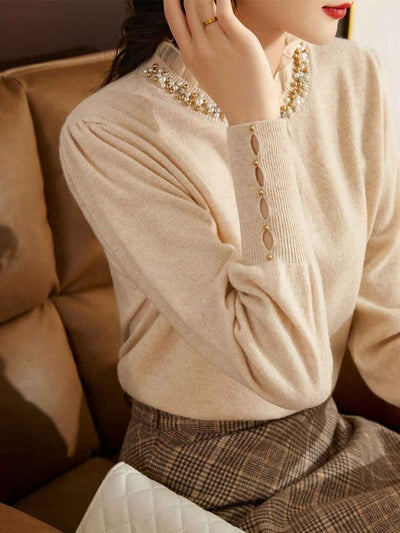 Raya Chic Auricular Collar Lace Beaded Knitted Top