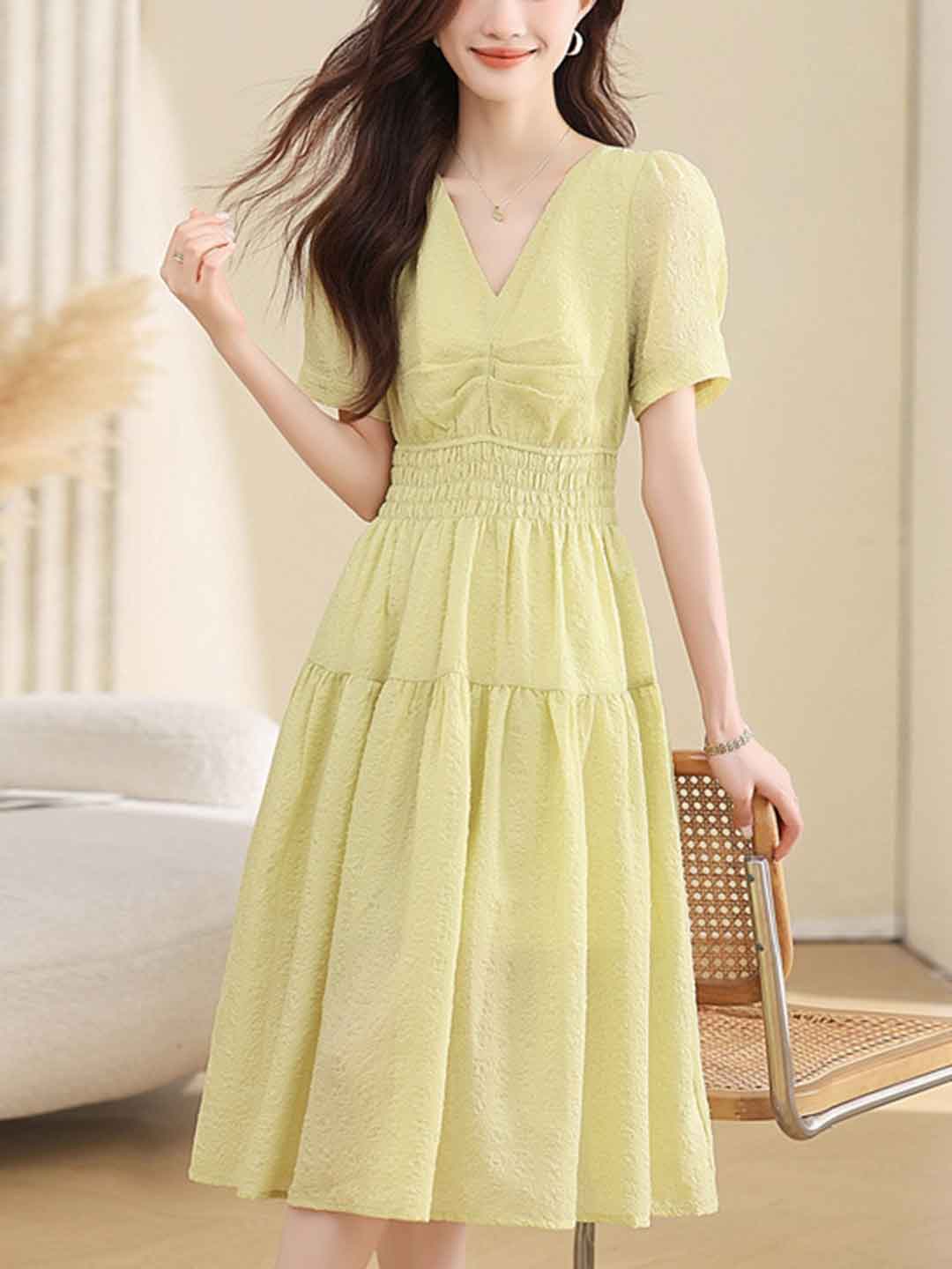 Caroline Classic V-Neck Solid Color Chiffon Dress