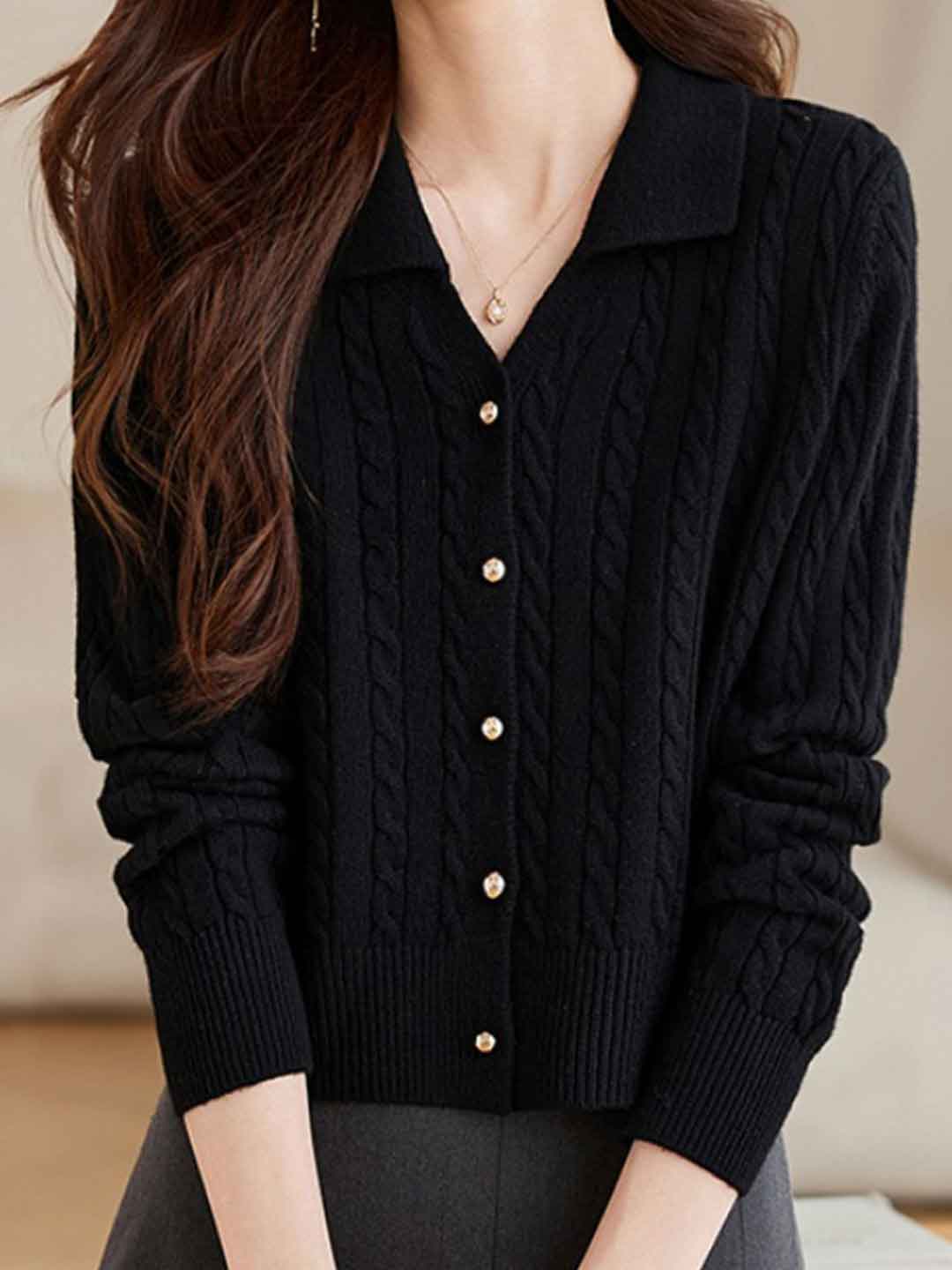 Maria Vintage Lapel Cable Knitted Sweater