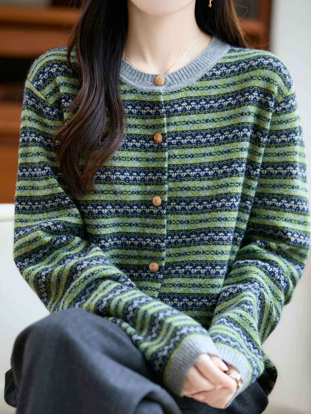 Kimberly Vintage Crew Neck Jacquard Striped Knitted Cardigan