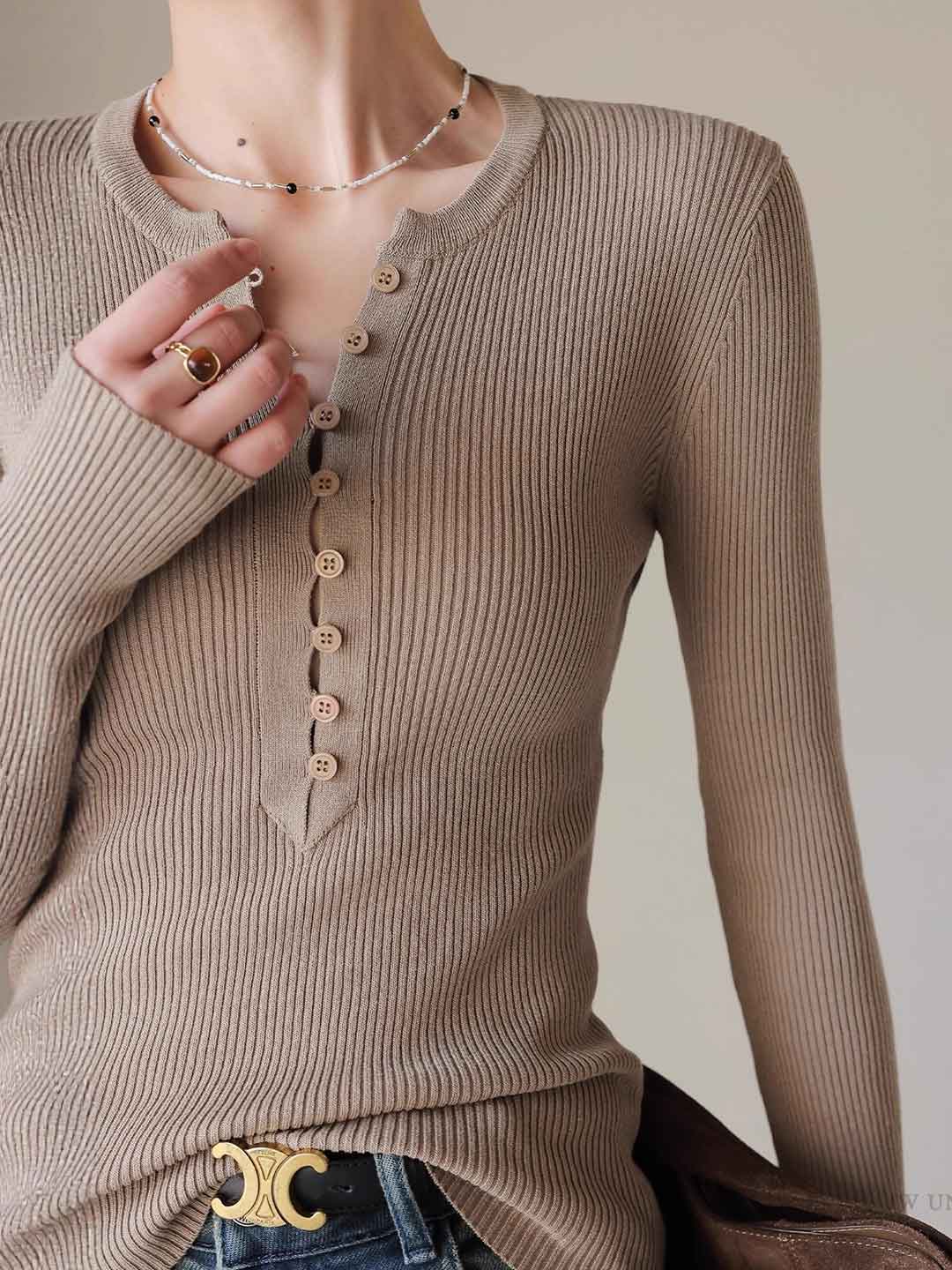 Brianna Slim Placket Front Solid Color Knitted Top