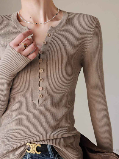 Brianna Slim Placket Front Solid Color Knitted Top