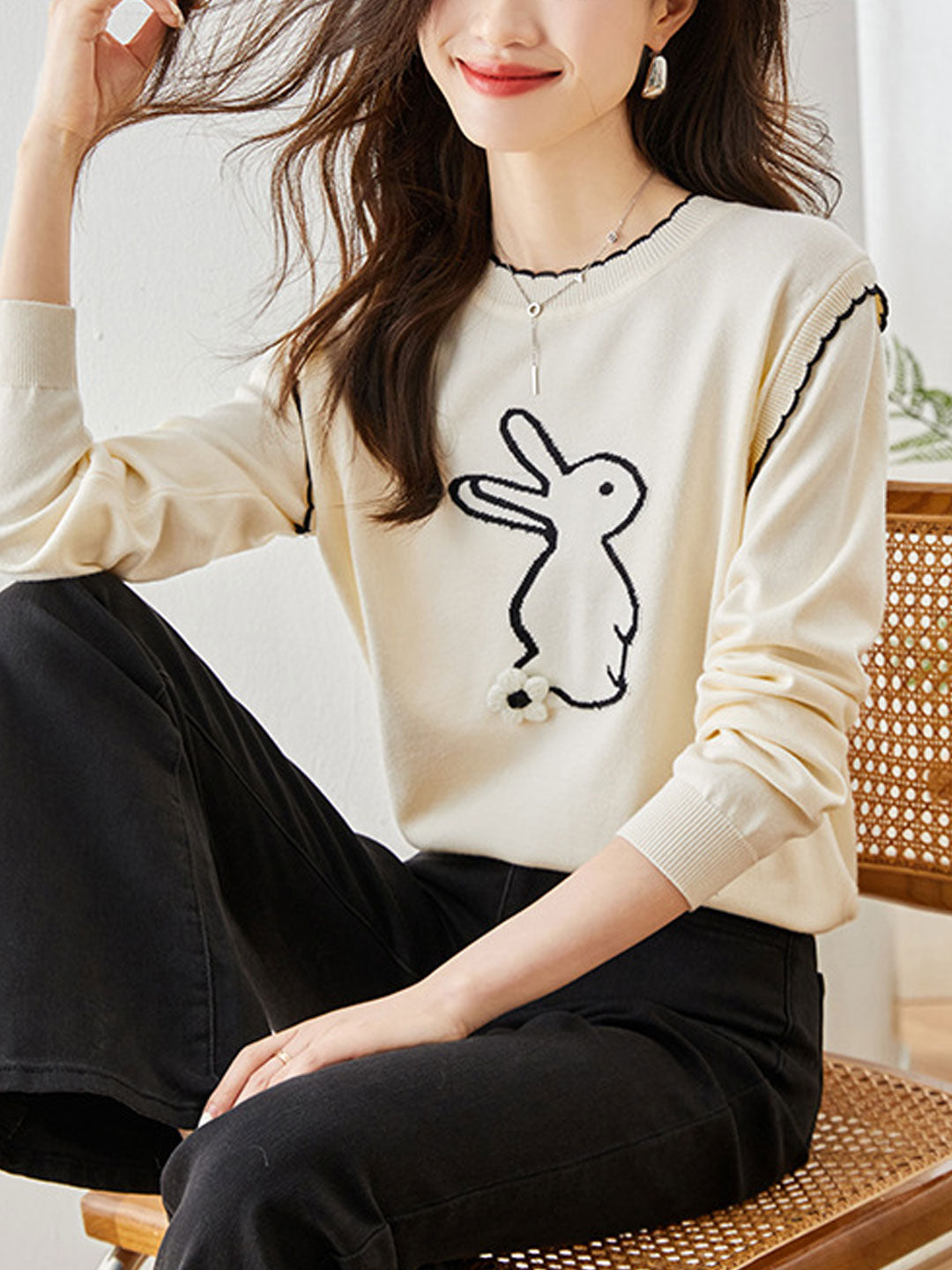 Kayla Casual Rabbit Printed Knitted Pullover Sweater