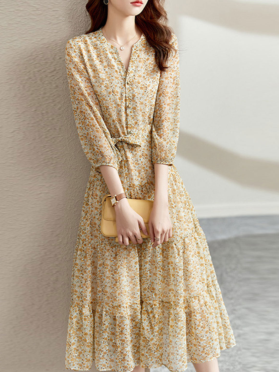 alexis yellow dress Alexis Vintage Ruffle Floral Chiffon Maxi Dress-Yellow, S