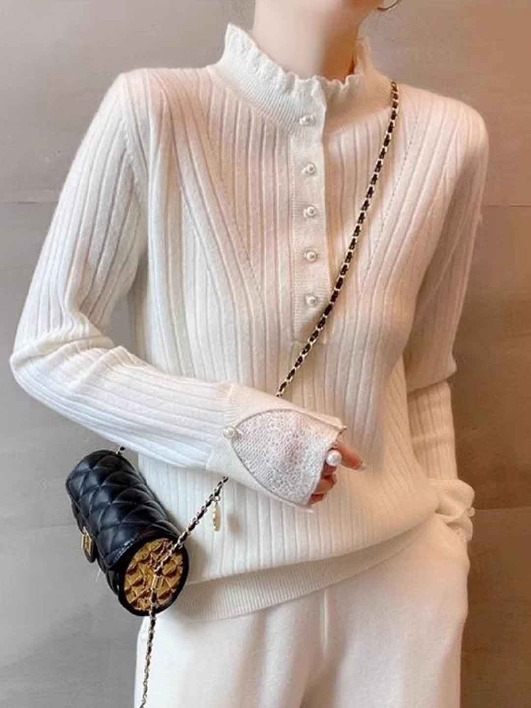 Maya Chic Auricular Lace Paneled Pearl Buttons Knitted Sweater