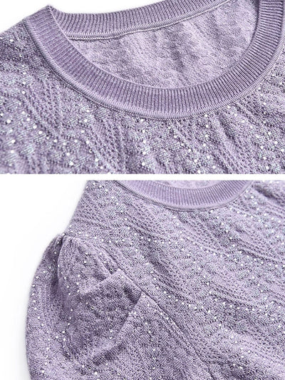 Bailey Loose Crew Neck Hollowed Perm Knitted Top-Green