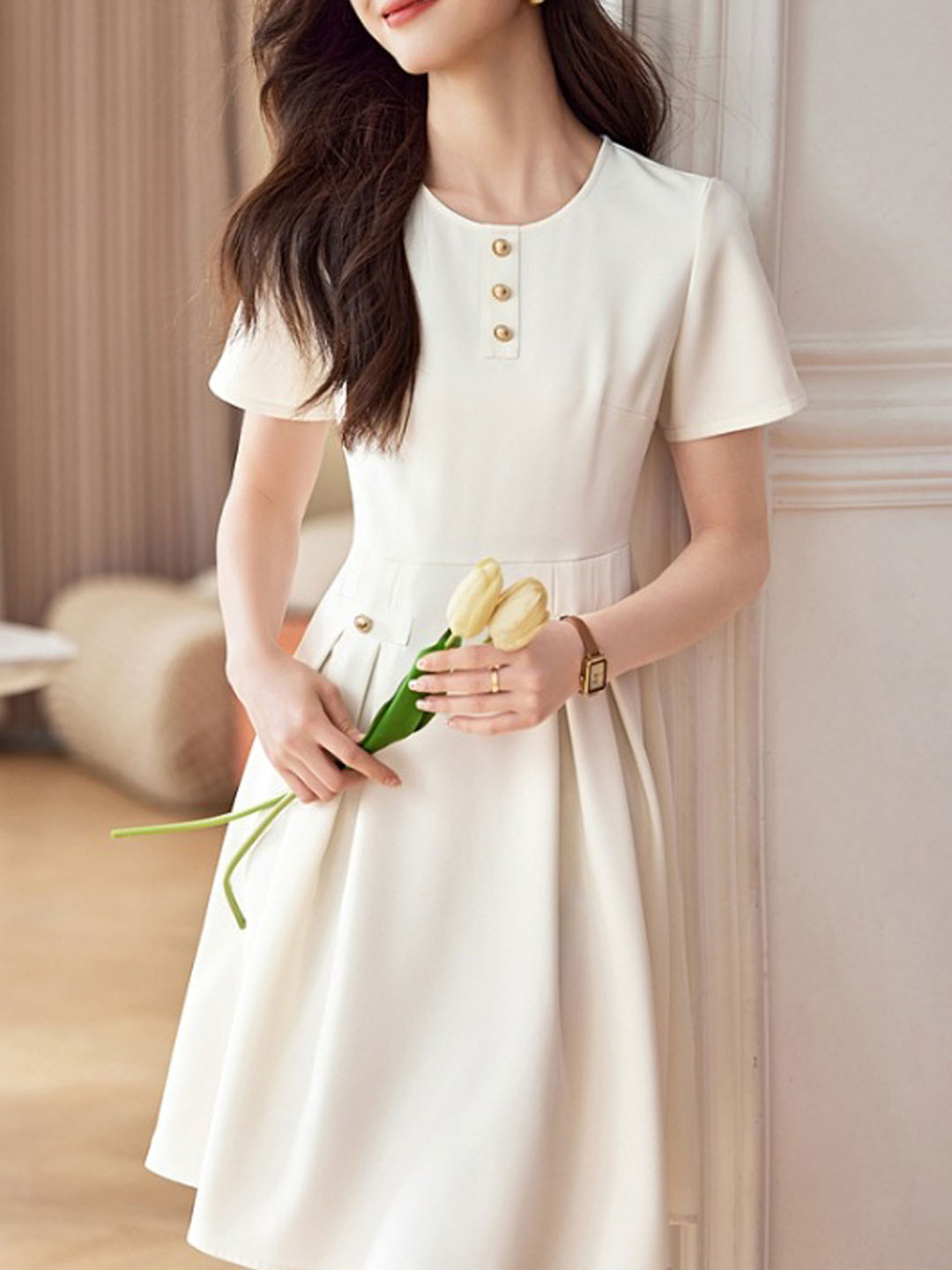 Camila Classic Crew Neck Solid Color Dress