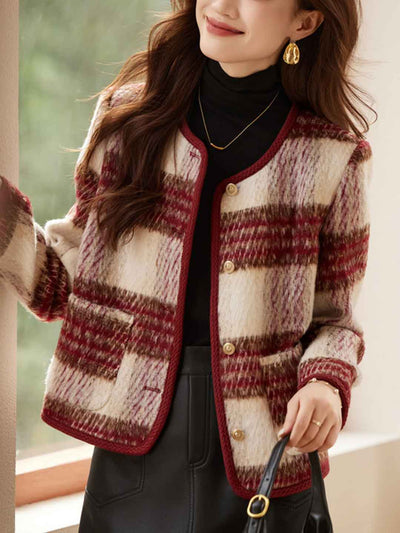 Lily Retro Crew Neck Plaid Tweed Coat
