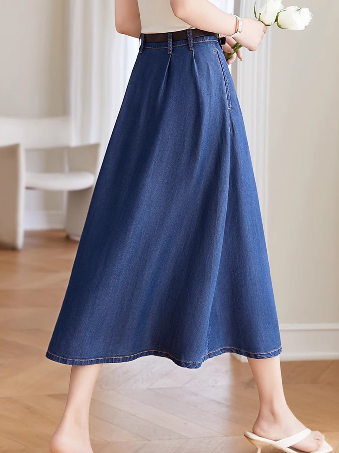Lauren Classic Pleated Button Denim Skirt