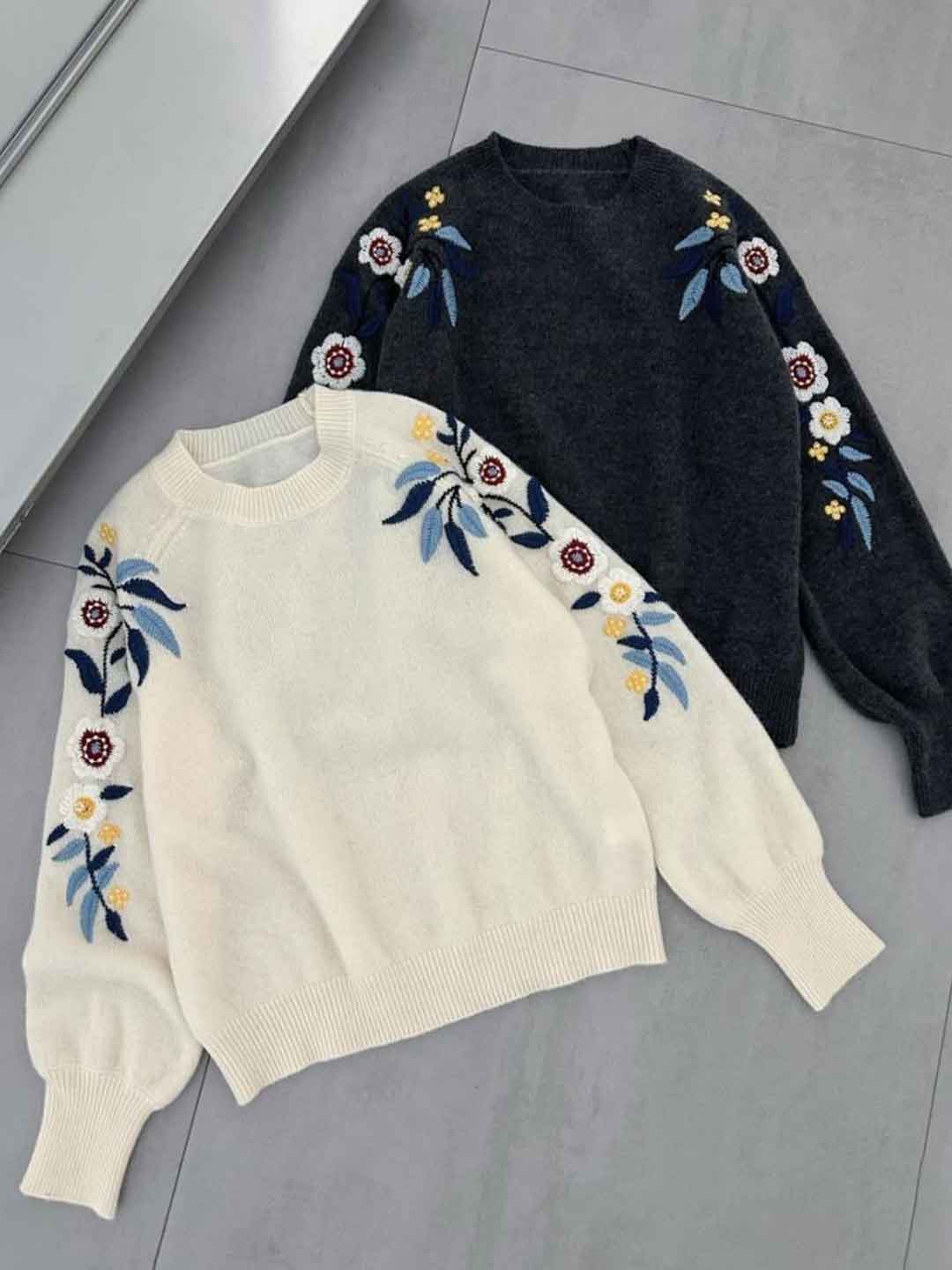 Andrea Casual Crew Neck Flower Embroidered Knitted Sweater
