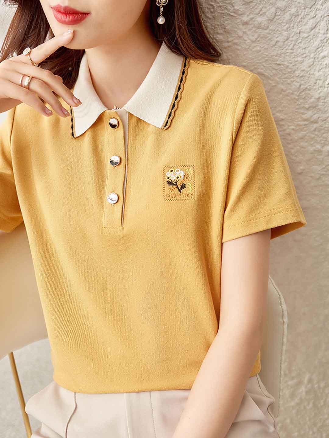 Bailey Casual Polo Neck Embroidered Contrasted Top