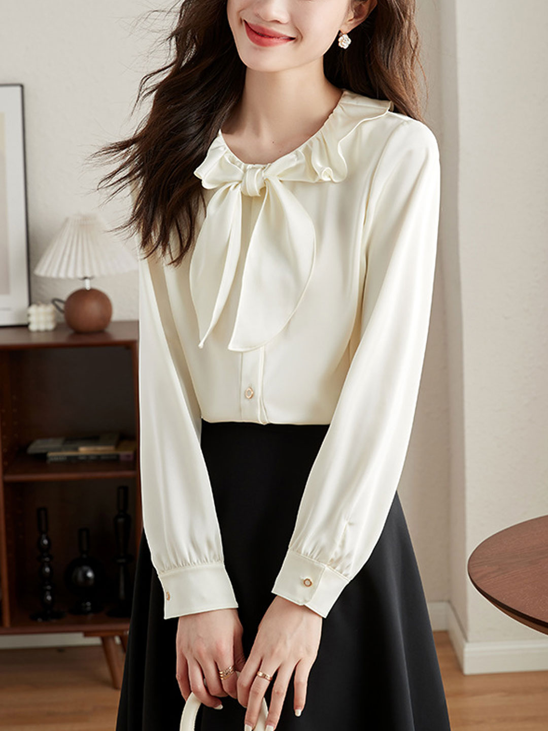 Ava Elegant Ruffle Collar And Ribbons Top