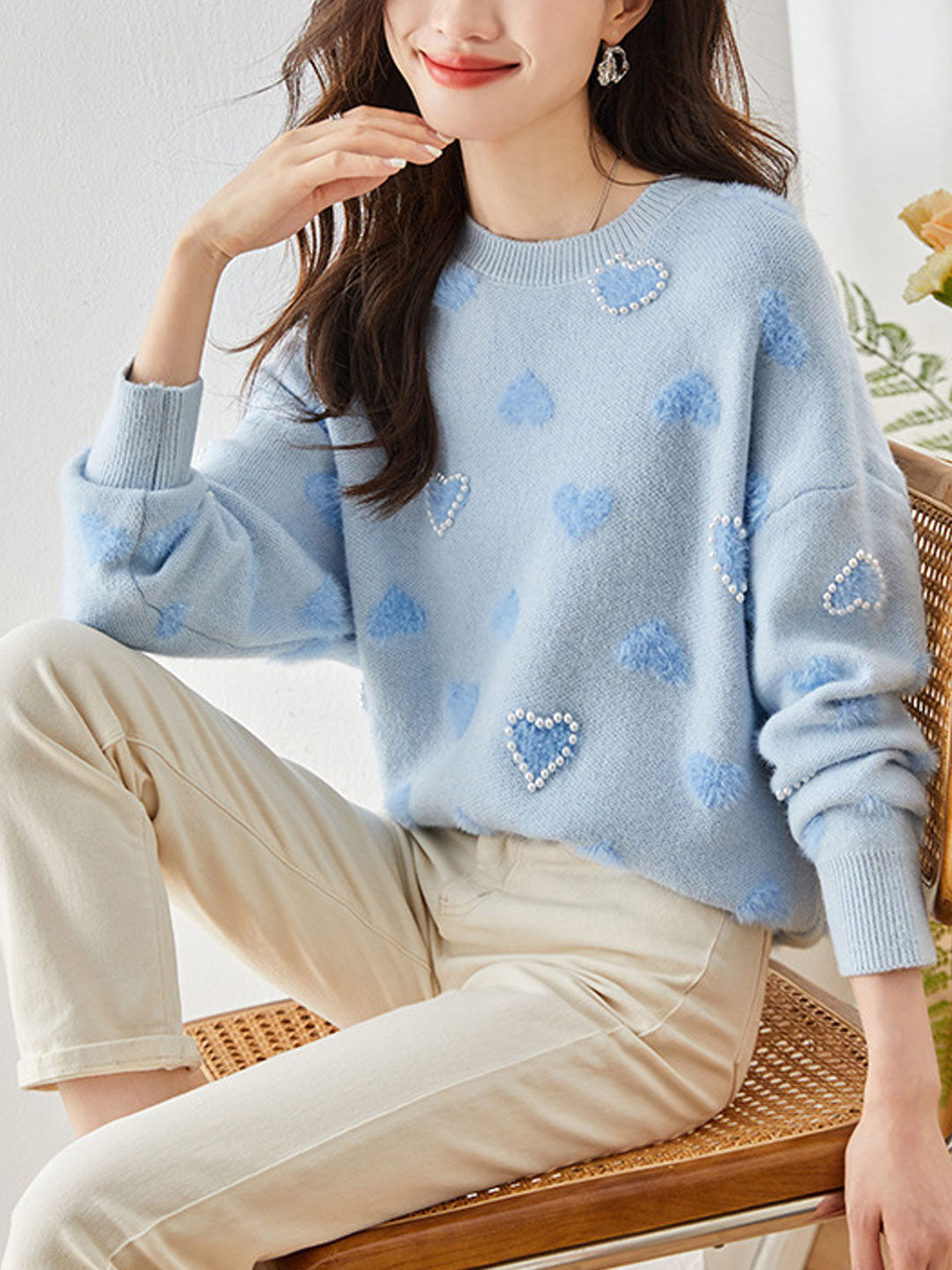 Alyssa Casual Hearted Pattern Knitted Sweater