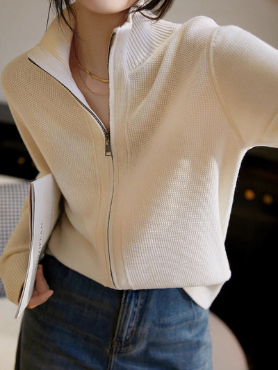 Emily Loose Zipper Solid Color Knitted Cardigan
