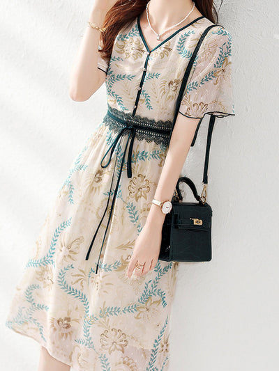 Hannah Retro Printed Floral Chiffon Dress