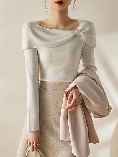 Brianna Off-Neck Bow Knitted Sweater-Blue