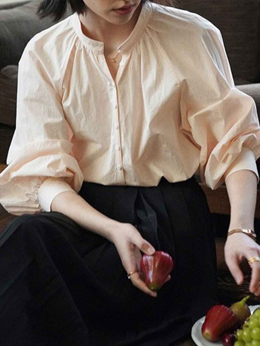 Natalie Retro Stand-up Collar Puff Sleeve Shirt