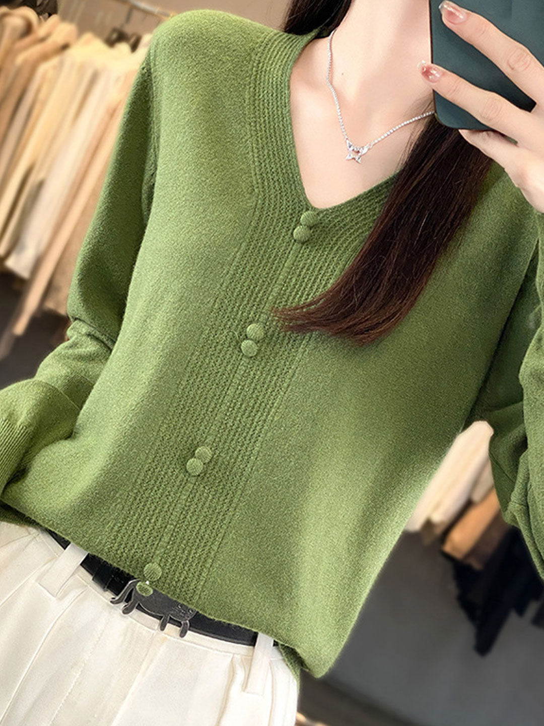 Abigail Casual V-neck Loose Knitted Sweater-Green