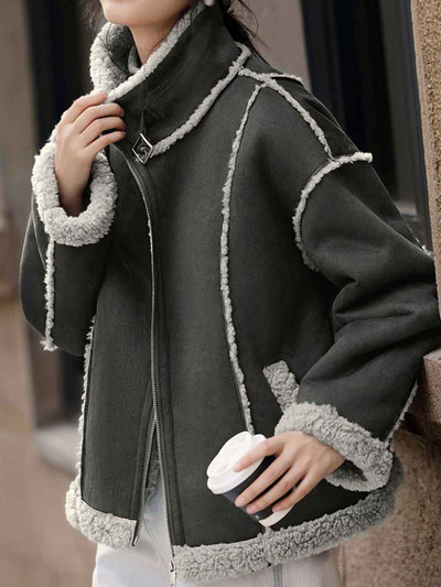 Natalie Retro Lapel Color-Blocked Suede Jacket