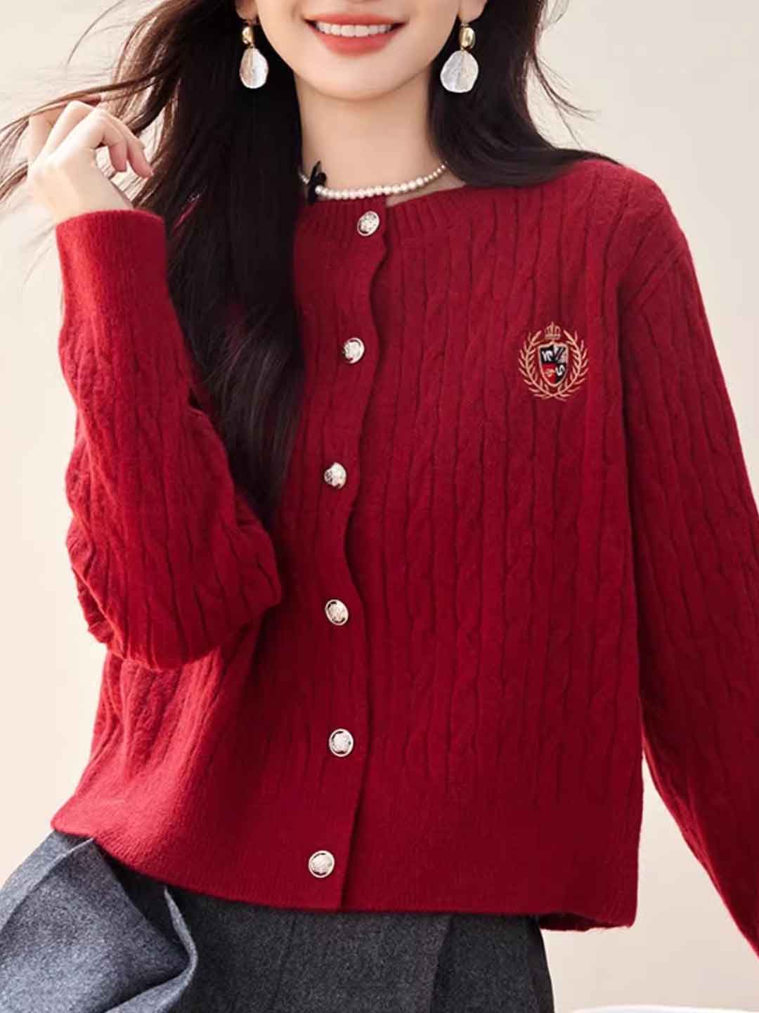 Zoey Loose Crew Neck Embroidered Knitted Cardigan