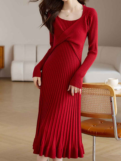 Sophia Elegant Crew Neck Fishtail Pleated Knitted Dress