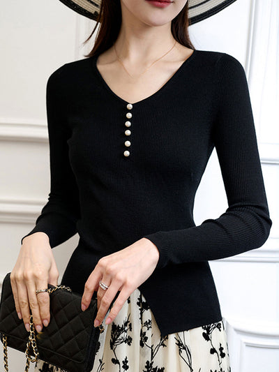 Emma Elegant V-Neck Solid Color Slim Knitted Top