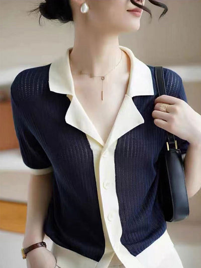 Jessica Casual Lapel Contrasted Knitted Top