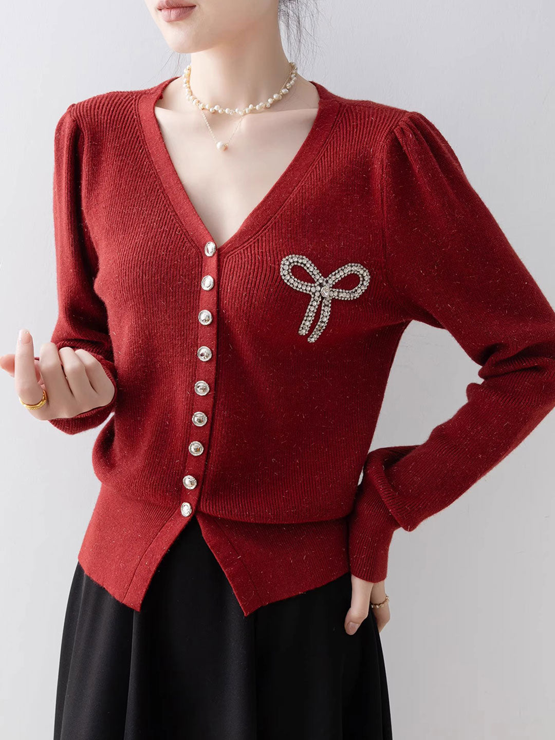 Natalie Elegant V-Neck Diamond-Studded Knitted Top