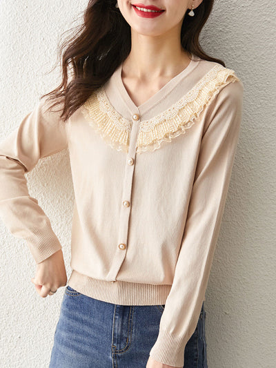 Jessica Retro V-neck Lace Knitted Sweater
