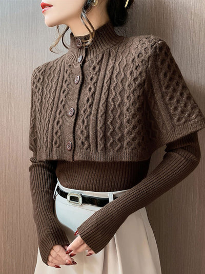 Sophia Classic Turtleneck Knitted Shawl Sweater Set