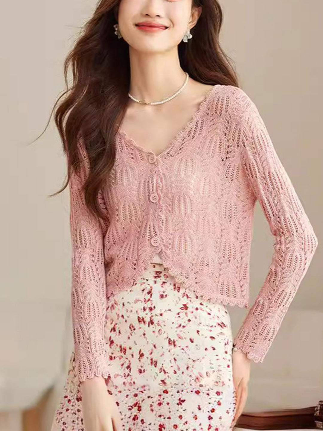 Emma Elegant V-Neck Hollowed Ice Silk Knitted Cardigan-Pink