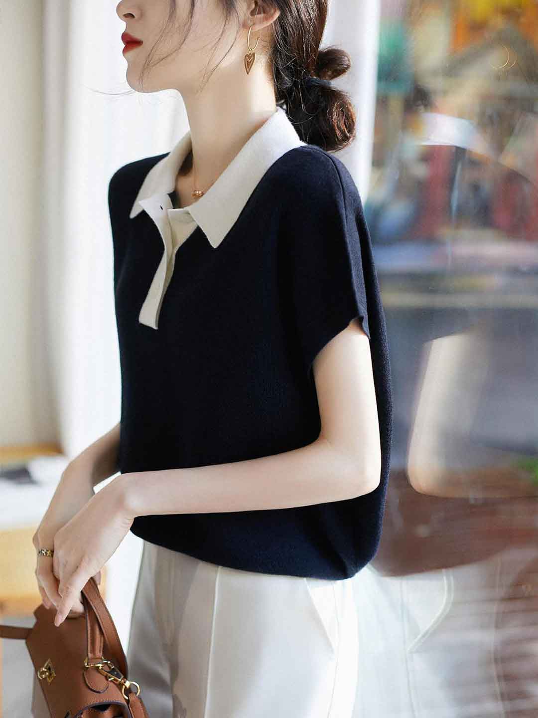 Amelia Casual Lapel Contrasting Knitted Top
