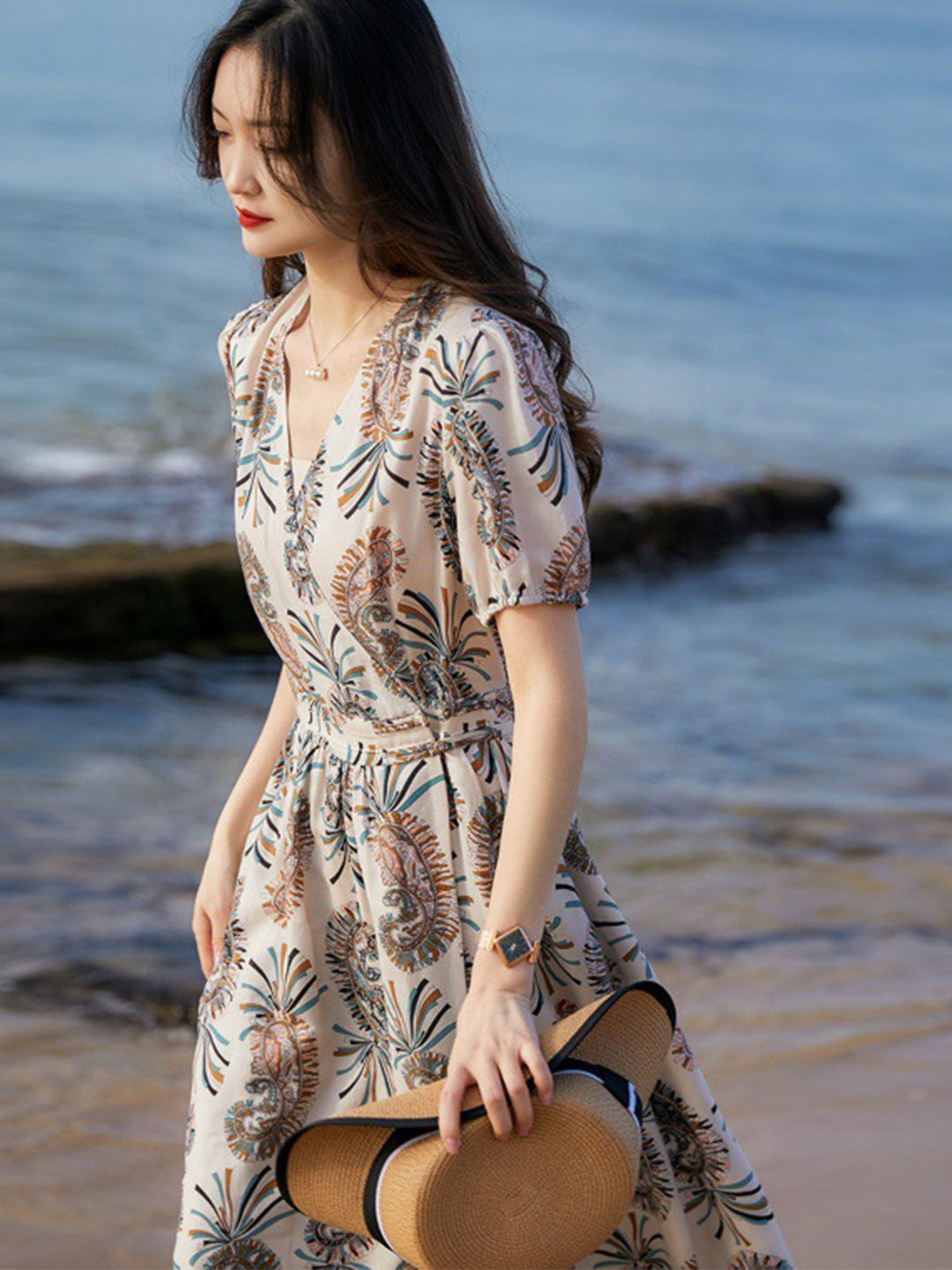 Bella Retro Printed Waist Chiffon Dress