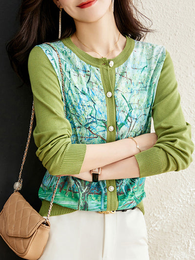 Mia Classic Crew Neck Printed Knitted Cardigan