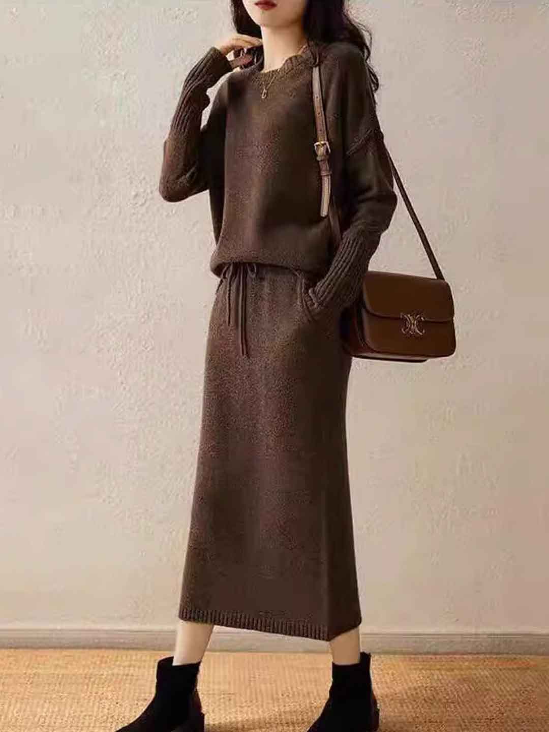 Isabella Elegant Solid Color Drawstring Knitted Dress Set