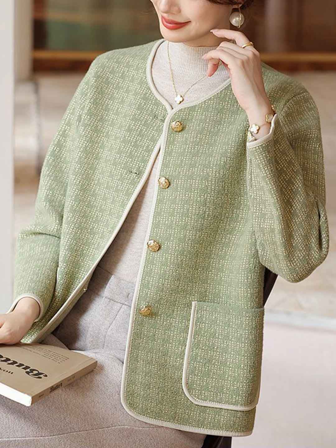 Hannah Elegant Crew Neck Tweed Coat