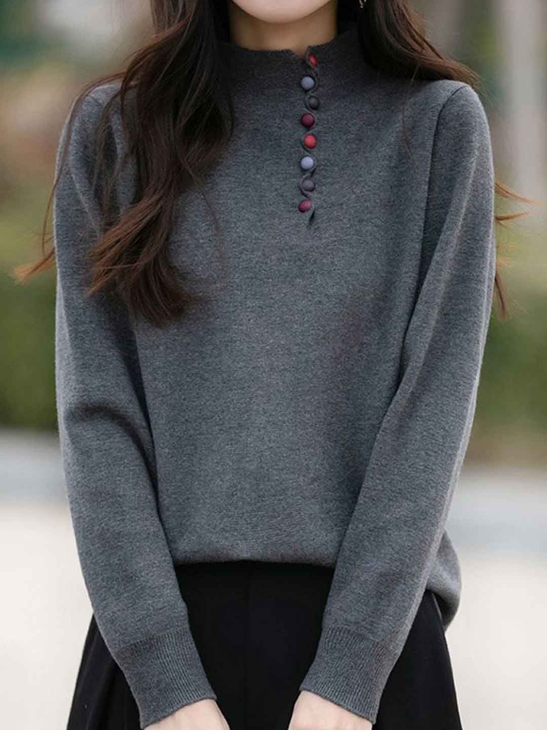 Gianna Loose Turtleneck Colorful Buttoned Knitted Top