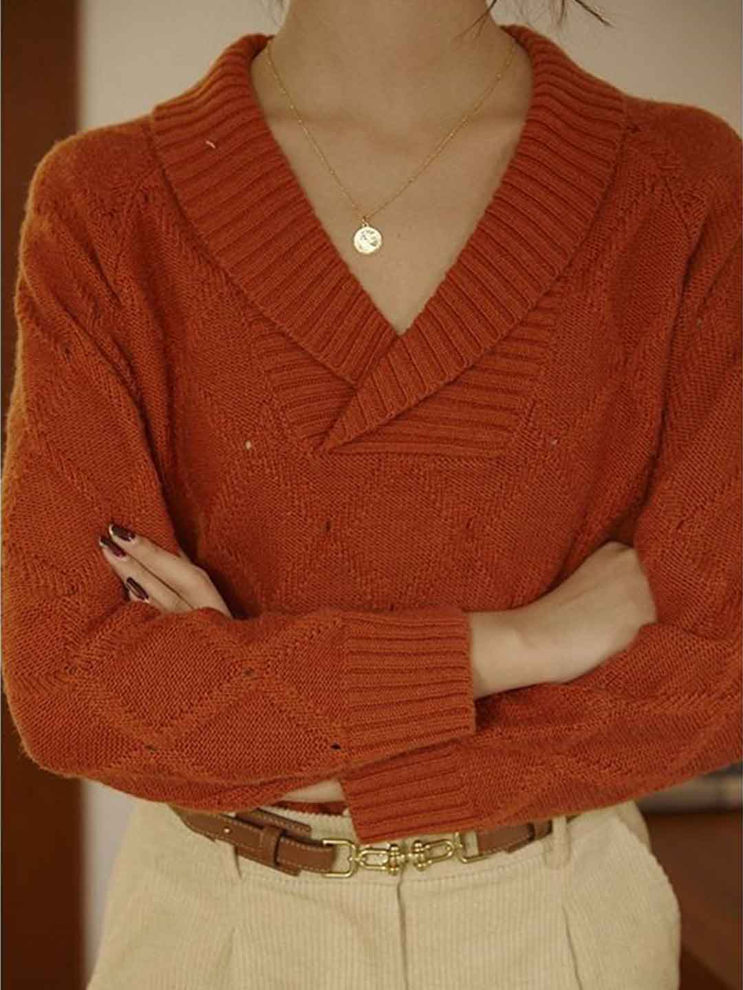 Ava Retro V-Neck Lapel Diamond Pullover Knitted Sweater